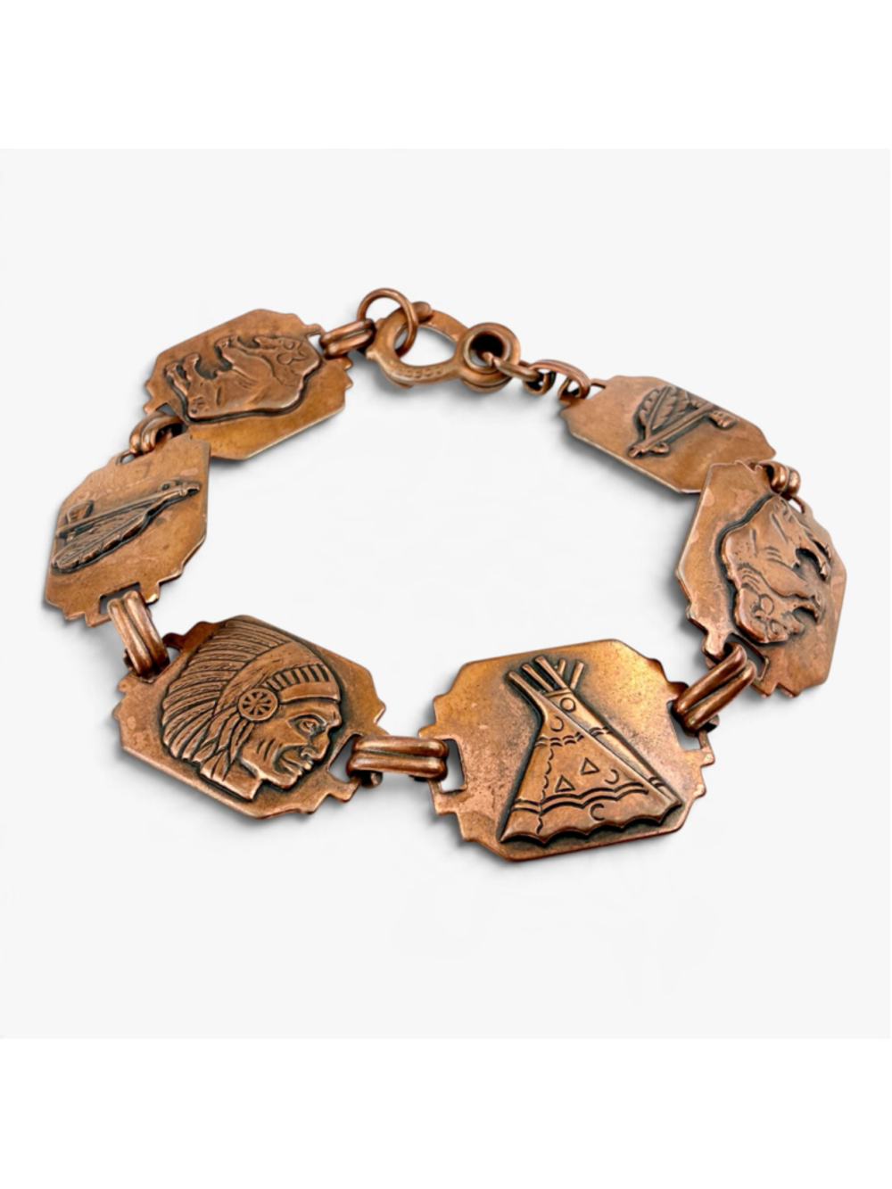 Vintage Native American Copper Panel Bracelet, Buffalo and Teepee Motifs